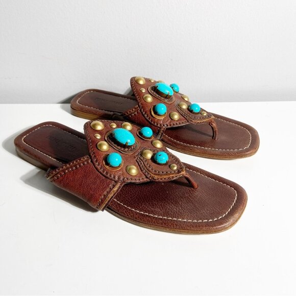 Miu Miu Dark Brown Leather Stone Studded Thong Flat Sandals Size 39 - Picture 1 of 7